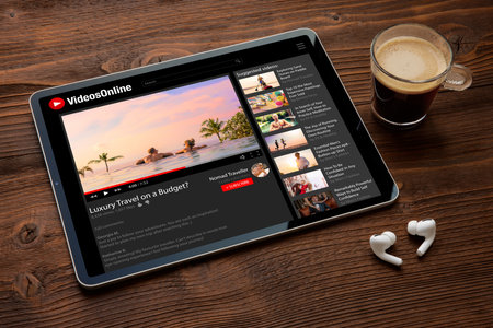 Online video website on the screen of digital tablet with wireless earphones next to itの写真素材