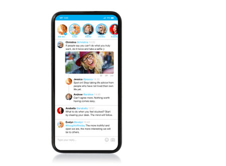 Mockup of social media microblogging app on mobile phone, isolated on white backgroundの写真素材