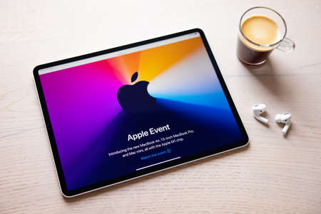 Riga, Latvia - April 10, 2021: Apple Events website on the screen of iPad Pro tablet computer.のeditorial素材