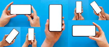 Set of many different photos of mobile phone in hand held in different angles on blue backgroundの写真素材