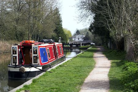 Narrowboat tied along side of towpathの写真素材