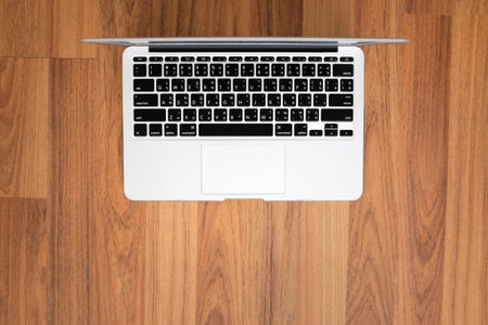 Top view flat layout of laptop with English and Thai keyboard with space at the lower section for...