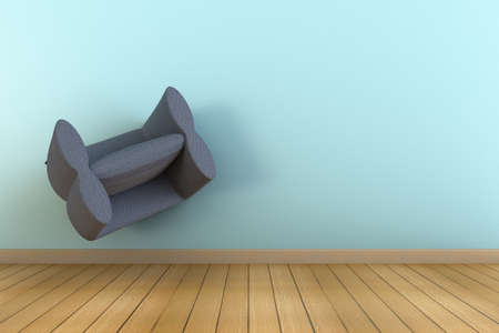 Zero gravity floating chair in light blue wall and wooden floor 3D interior.の写真素材