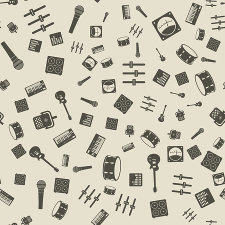 Beige brown music gear icons pattern for your design, including electric guitar, snare drum, microphone, synthesizer.のイラスト素材