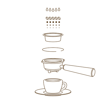 Espresso brewing scheme, outline illustration for your coffee related project.のイラスト素材