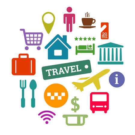 Flat travel related multicolor icons set.のイラスト素材