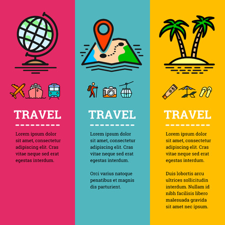 Travel related banner concept with color outline icons for your design. Transportation, backpacking, beach leisure symbols.のイラスト素材