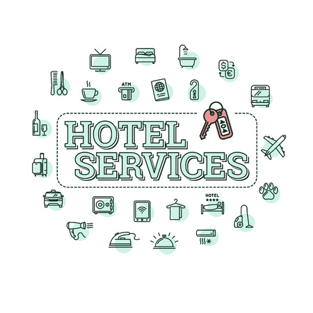 Hotel services related concept illustration. Laundry, cleaning  other service symbols; bed, aircon signs.のイラスト素材