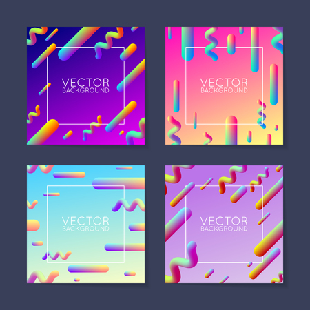 Vector bright abstract gradient background design template in trendy colors with geometric straight line and sinewave shapes, outline square and space for your text - set of 4 placard or cover designsのイラスト素材