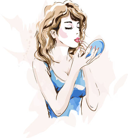 Girl paints lips Vector illustration.のイラスト素材