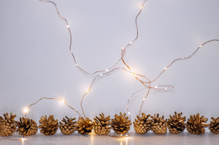 Glowing electric garland on a white background. Lights of garland on the wall. Fir cones on a white...