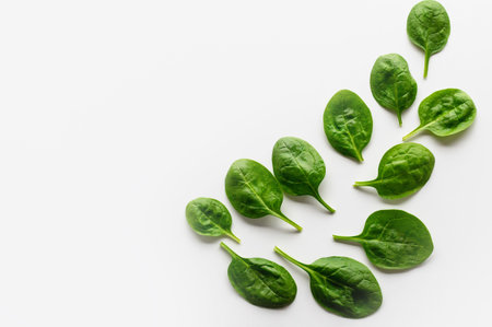 Fresh leaves of spinach are laid out on a white background in the form of a pattern. Spinach baby