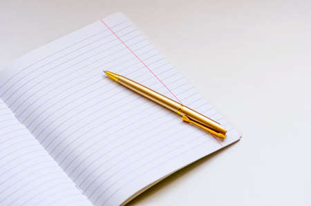 Back to school concept. School notebook and golden ballpoint pen on a light background. Place for text.の写真素材