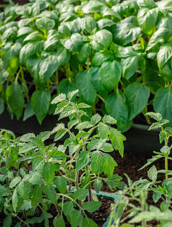 Young seedlings of sweet pepper and tomatoes. Healthy seedlings, organic farming. Close up.の写真素材