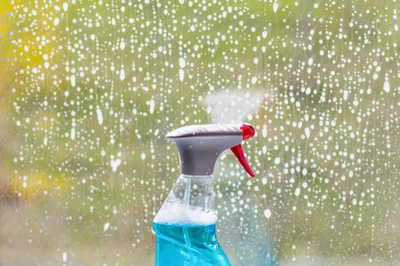 Window cleaner in a plastic bottle with spray, against the background of a window. Window washer in...