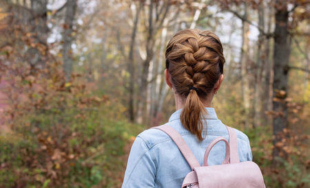Girl in a denim shirt with a backpack on the background of the autumn forest. Close up. Back view of...