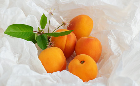 Apricots fruit on a sheet of crumpled packaging made of white paper, zero waste concept, close up.