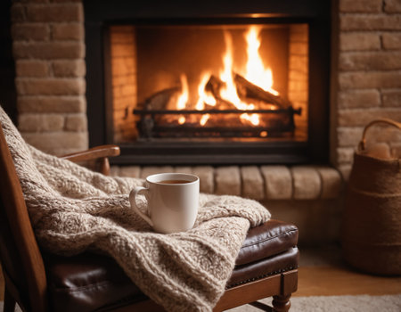 Cozy living room with fireplace. A mug of hot tea, a woolen blanket on a leather chair. Cozy atmosphere.の素材