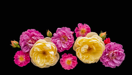 Beautiful composition of pink and yellow roses in full bloom on a black background. Close up. Copy space. Vertical crop.の写真素材