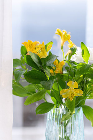 Yellow alstroemeria flowers in glass vase on window sill. Vertical crop.の写真素材