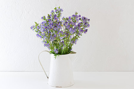 Bouquet of wild flowers polemonium in a white vintage jug. Copy space.の写真素材