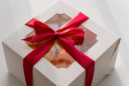 A white gift box with a transparent window, tied with a vibrant red ribbon, containing handmade pastries. Perfect for themes of celebration, gift-giving, bakery, and gourmet treats.の写真素材