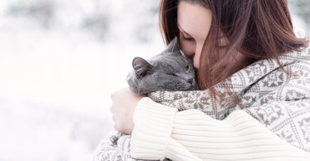Gray cat peacefully resting in a woman's arms, wrapped in a cozy patterned sweater against a snowy background. Symbol of trust, deep connection and tender friendship between people and animals.の写真素材