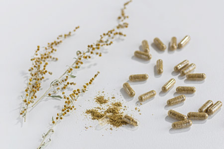 Natural supplement capsules and wormwood sprigs on a white background. Focus on anti-parasitic herbal therapy, clean health trends, botanical wellness and organic medical solutions.の写真素材