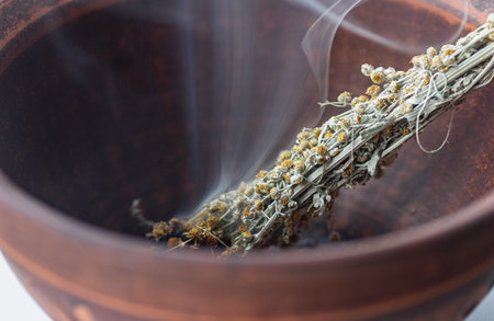 Closeup of flowering wormwood smudge stick, soft smoke swirling in a clay bowl. Herbal ritual for...