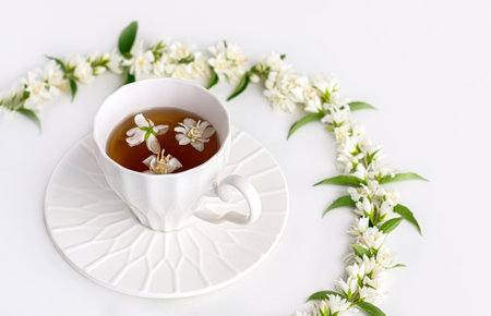 Elegant white cup with hot jasmine blossom tea, decorated with fresh jasmine flowers, aromatic healthy drink for morning refreshment on a bright minimal background.の写真素材