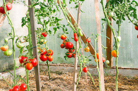Organic tomato plants with mixed variety ripening on wooden stake in polycarbonate greenhouse, straw...