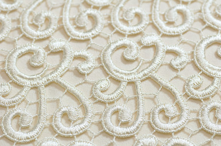 White lace embroidery on nude mesh fabric with swirl ornament. Elegant textile texture for bridal...