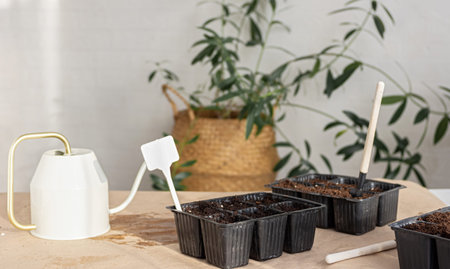 Rustic arrangement of a white watering can, wooden box with potting soil and tiny tools. Authentic...