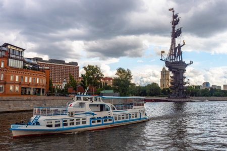 Russia.Center of Moscow.Motor ship in Moscow river.Water walking tours in Moscow. Excursion in the...