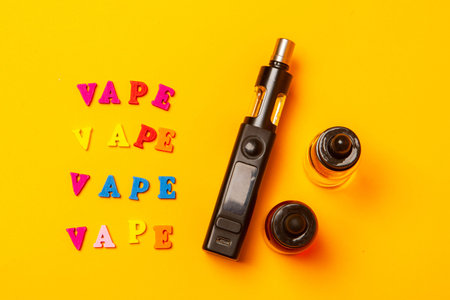 vaping device. Vape collection with bottles and e-sigarettes. vape cloud