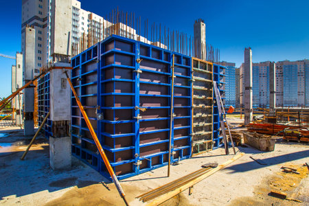 Home construction. Formwork for pouring concrete. Construction of a concrete house. Multi-storey...