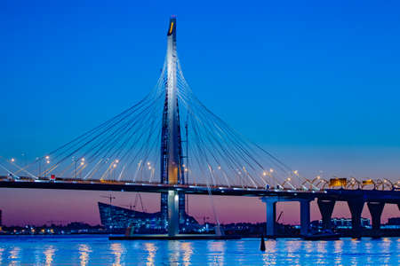 St. Petersburg. Krestovsky Island. The bridge of the Ring road. Russia. The Neva River flows into the Gulf of Finland. High-speed highway. Cities of Russia. Bridges of Petersburg.の写真素材