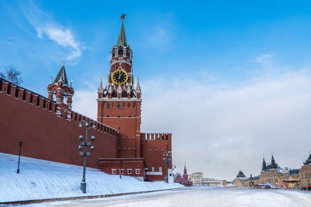 Moscow. Russia. The Red Square. Kremlin. Spasskaya Tower. Russian Federation. Travel to Russia. Hours on Red Square. Chimes on the Spassky Tower. Center of Russia. Kremlin walls.の写真素材