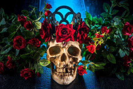 The human skull is in flowers. A skull with a wreath of roses.