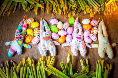 Easter. Rabbits keep a lot of eggs. The Feast of Easter. Eggs and rabbits.の写真素材