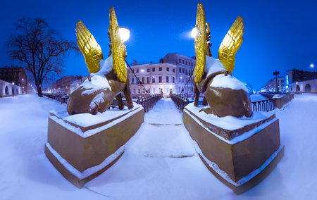 Winter Petersburg. Bridge over the Griboedov Canal. Panorama of the bridge. Canals and rivers of...