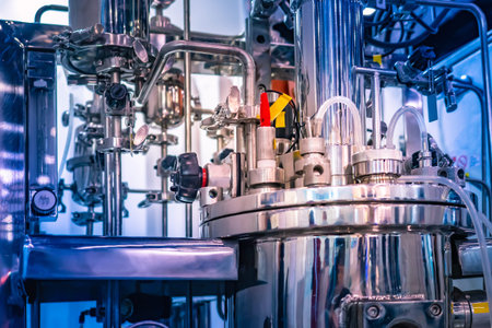Bioreactor for microbiology. Reactor fermenter. Fermenter industrial. Microbial fermentation. The creation of drugs. Biotech industry. Pharmacology.の写真素材