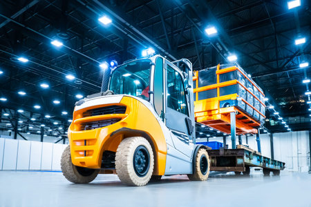 Diesel loader carries industrial lift with a load. Warehouse loader for transportation of containers. Loading oversized cargo. Transportation of industrial equipment. Special machinery.の写真素材