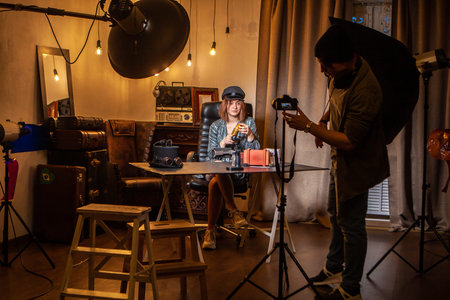 Advertising filming in the studio. Bloggers shoot ads in the studio. Video blogging. Creation of...