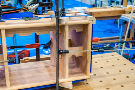 Joiner's workbench with a vise. Clamps joinery for wood. Bench holders on wood. Joinery....