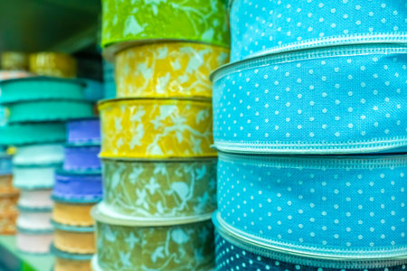 Multicolored packing tape. Ribbon for gift wrapping. Reel tapes. Decoration gifts. Gift wrap.