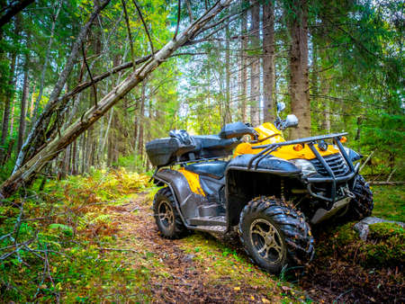 ATV stands in the forest. All-terrain vehicle. Riding a quad bike. Riding off-road on an ATV. Outdoor activity. Extreme. Rent a quad bike.の写真素材
