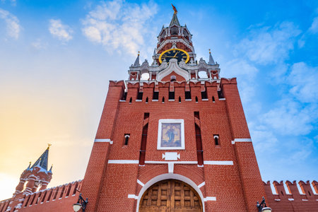 Moscow. Russia. Kremlin in winter. Winter Red Square. Spasskaya Tower of the Moscow Kremlin. Chimes. Cities of Russia. Architecture of Moscow. Capital of Russia.のeditorial素材