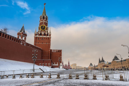 Moscow. Russia. Kremlin in winter. Winter Red Square. Spasskaya Tower of the Moscow Kremlin. Chimes. Cities of Russia. Architecture of Moscow. Capital of Russia.のeditorial素材