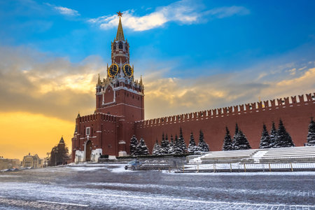 Moscow. Russia. Kremlin in winter. Winter Red Square. Spasskaya Tower of the Moscow Kremlin. Chimes....